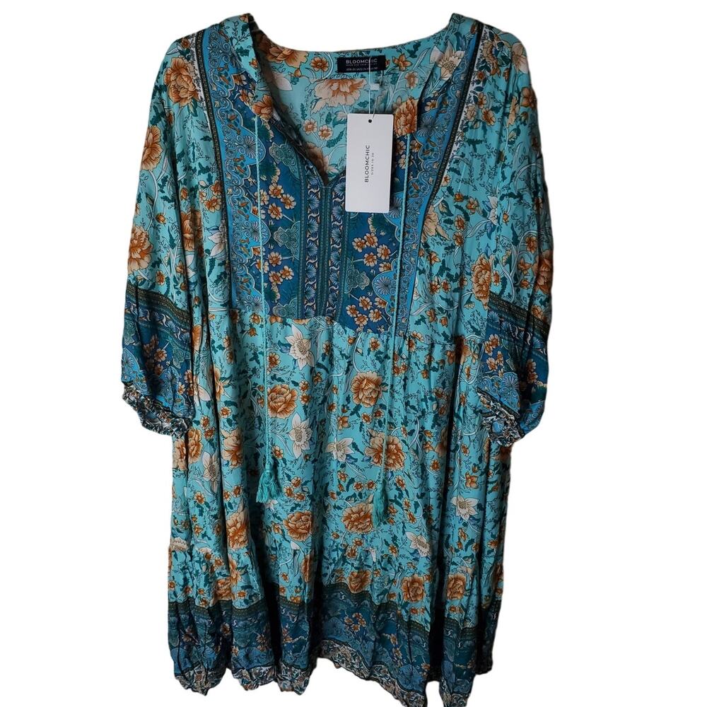 BloomChic Blue Boho Tassel Mini Dress, NWT, 2X